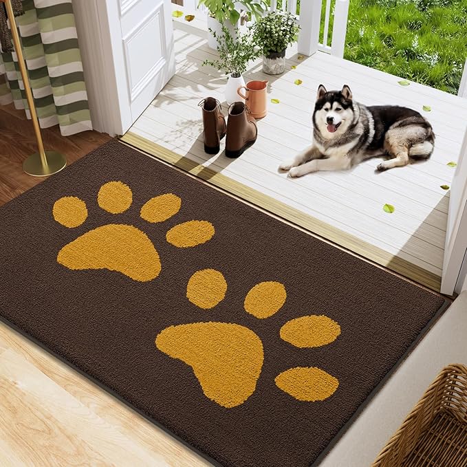 Buganda Dog Door Mat for Muddy Paws, Absorbent Dirt Trapper Washable Indoor Doormats, Non Slip Low-Profile Mud Mat for Dogs, Front Entrance Doormat for Inside Floor (48x30 Inches, Coffee)