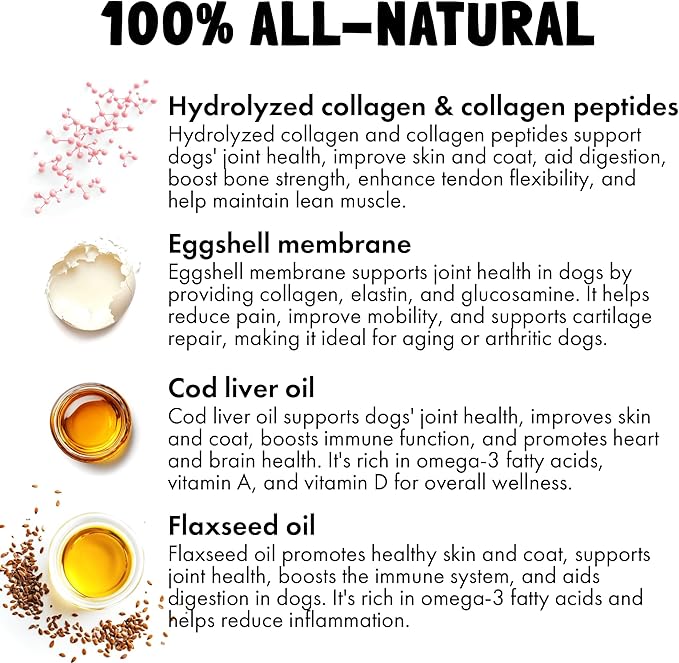 Collagen Dog Chews for Joint & Skin Health 120 Soft Chews All Breeds Mobility, Cartilage Repair & Pain Relief Hip & Joint Skin Coat Anti-inflammatory Support Eggshell Membrane Senior & Adult Dogs