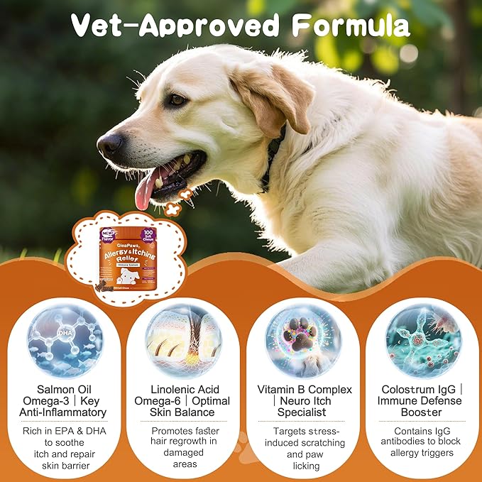 Dog Allergy & Itch Relief Supplement - Salmon Oil Omega-3, Omega-6, Vitamin B1/B2/B6, Colostrum Probiotics for Seasonal Allergy, Hot Spots, Paw Licking, 100 Chews, Lamb+Salmon Oil