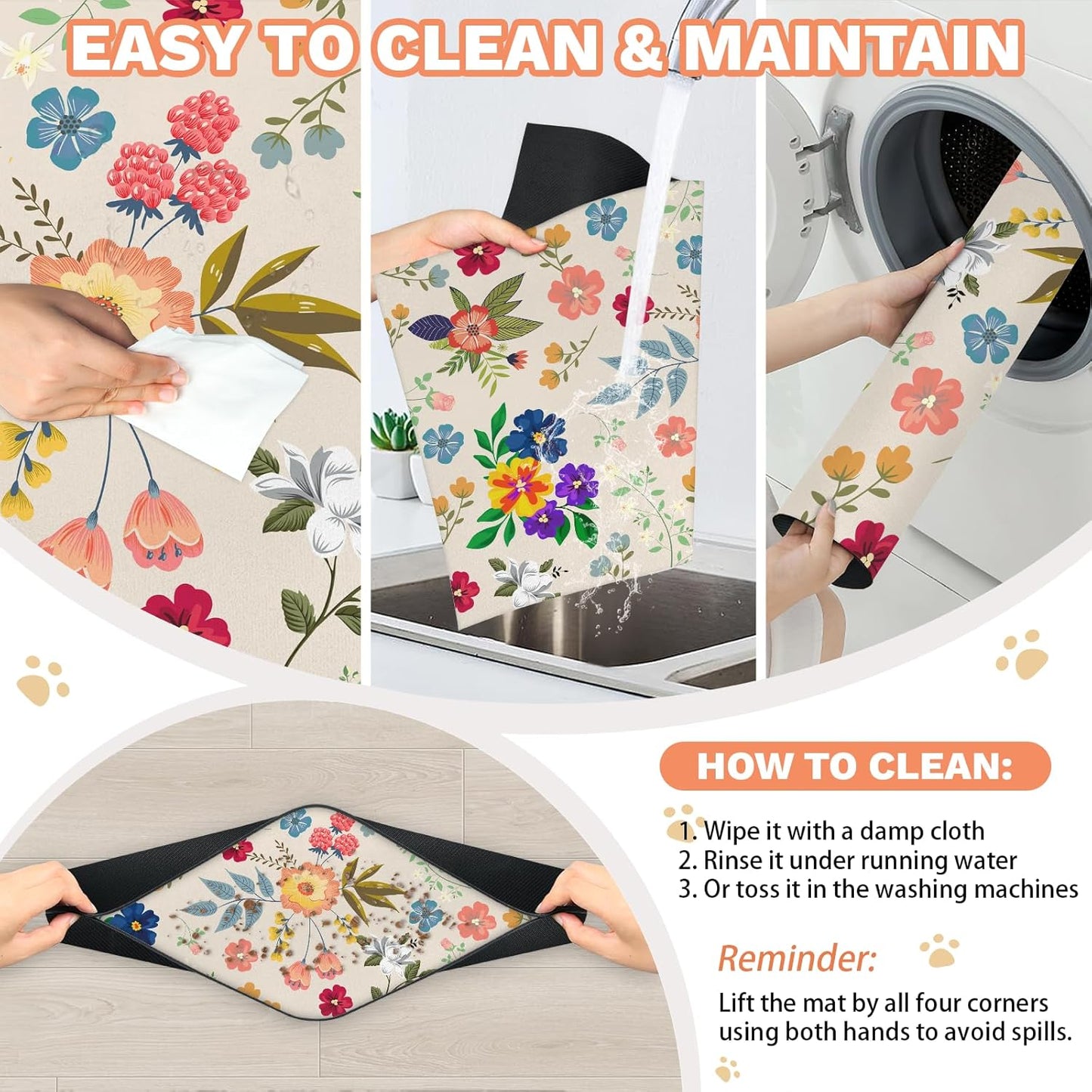 Pet Dog Cat Food Mat, Flower Leaf Pet Feeding Pad, 12 * 20 Inch Absorbent Dog Food Mat, Cat Dish Mat for Food and Water, Suitable for Dog Cat or Other Pets