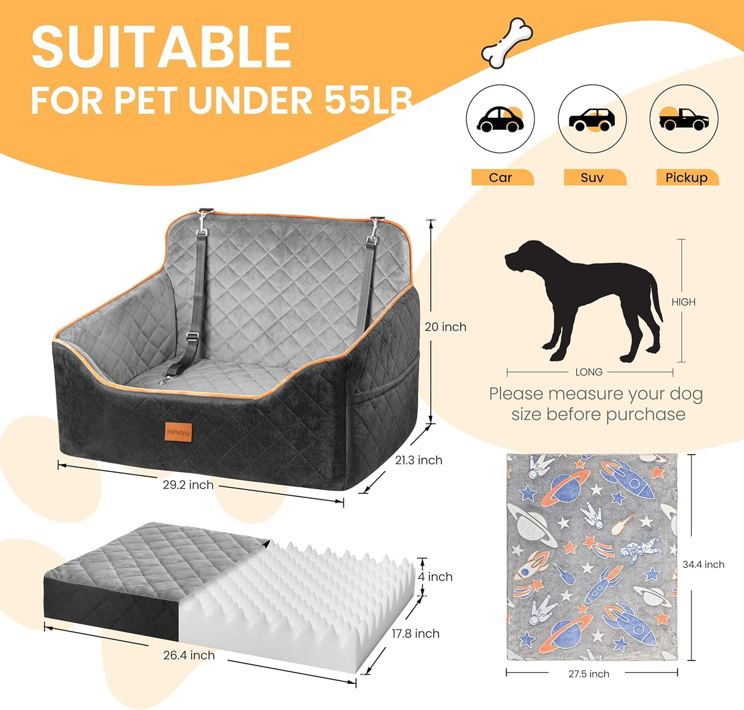 Dog Car Seat for Medium Dog, Booster Seat for Dogs Under 55lb, Elevated Pet Seat with Pocket, Anti-Slip Bed for Car, Perfect for Back Seat & Trunk with 2 Safety Leashes (Black/Grey, Large)