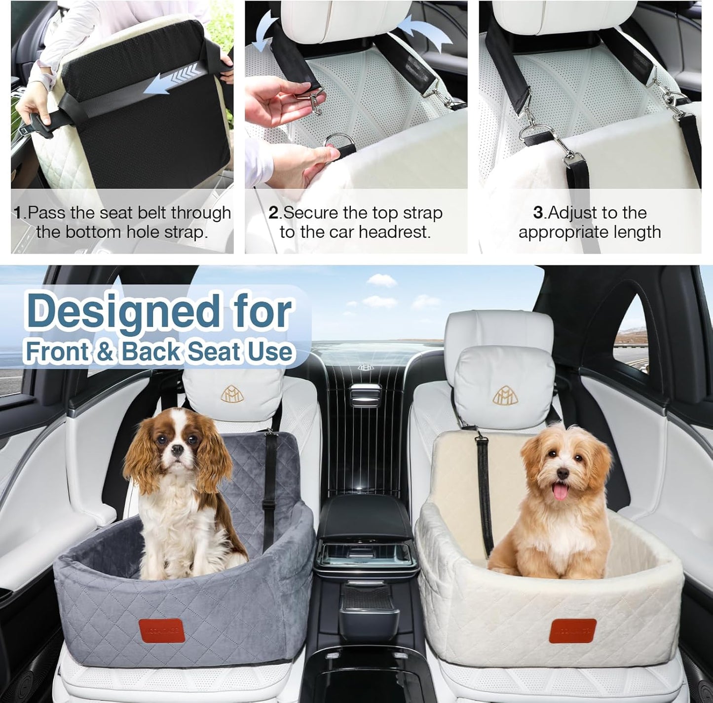 Dog Car Seat for Under 30lbs Dogs,Comfy Febric Fill in Memory Foam,Washable and Detachable Pet Travel Car Bed,Anti-Slip Bottom,2 Safety Leashes & Storage Pockets(Beige)