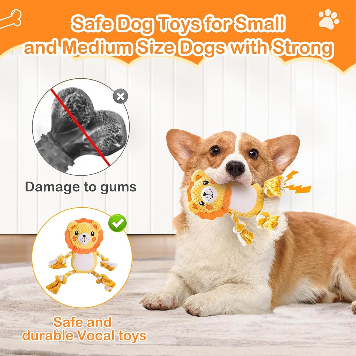 Dog Squeak Plush Toys, Cute, Funny, Durable Fabric Rope Dog Toy for Small, Medium Pets, Indoor and Outdoor, Ideal Pet Gift, Lion