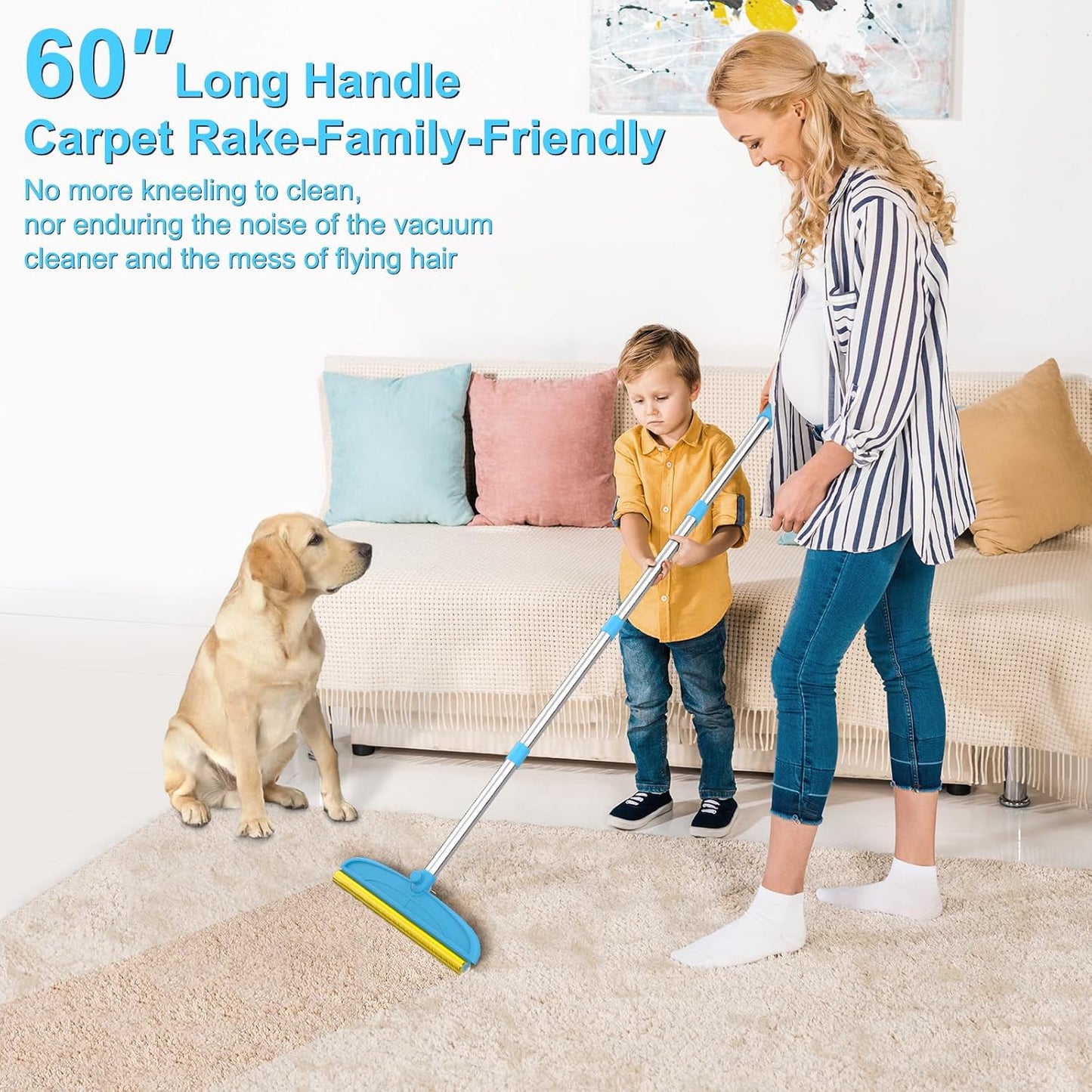 Carpet Rake for Dog Hair Remover: 2 in 1 Reusable Pet Hair Remover – 60‘’ Adjustable Long Handle Carpet Removal Tool for Dog Cat Human Hair – Carpet Scrape Cleaning for Rug Couch Bed