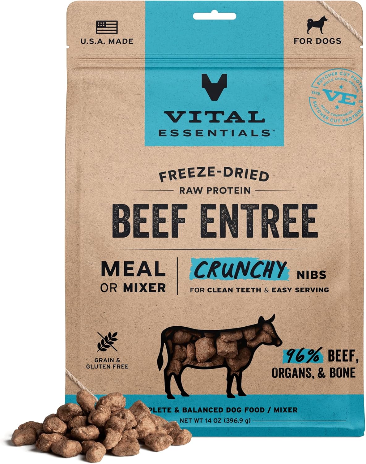 Vital Essentials Freeze-Dried Raw Beef Meal or Mixer Dog Food Crunchy Nibs, 14 oz