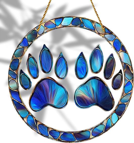 8x8 inch Charming Dog Paw Print Acrylic Stained Glass Window Hanging Sun Catcher Decor Stained Panel Hangings Wall Art Decor, for Friends and Family (Paw Print)