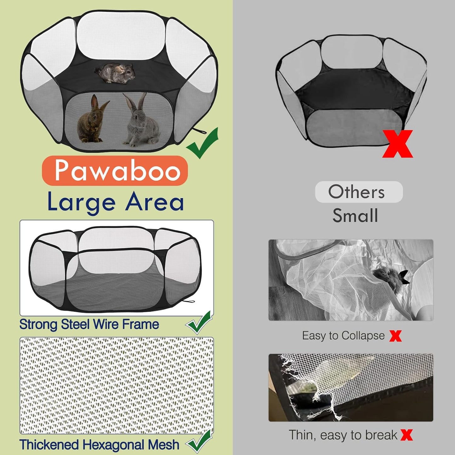 Pawaboo Small Animals Playpen, Waterproof Small Pet Cage Tent with Strong Steel Wire Frame, Portable Outdoor Yard Fence for Chick/Kitten/Puppy/Guinea Pig/Rabbits/Hamster/Chinchillas, Black
