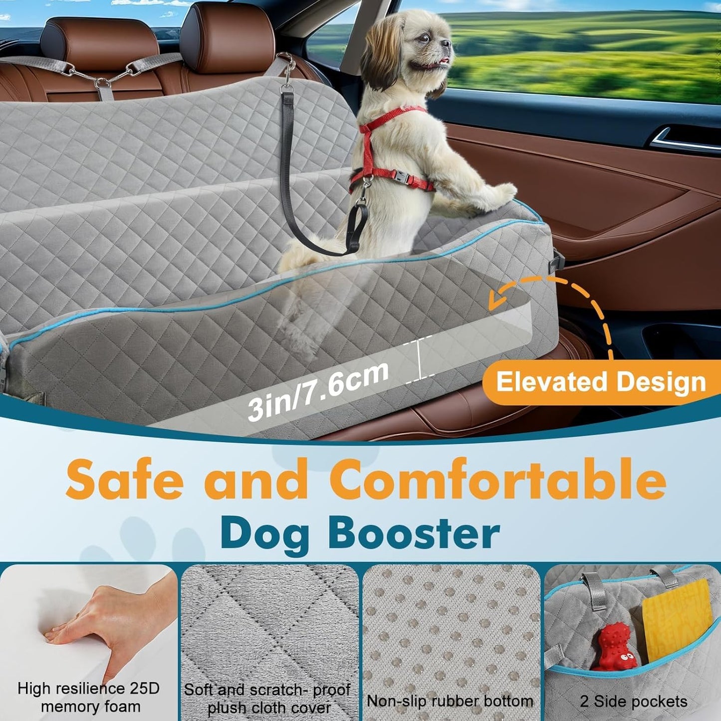 Large Dog Car Seat, Dog Car Bed for Large Dogs Under 120lbs, Dog Booster Seat with Thick Cushion and 2 Pet Safety Leashes, Detachable & Washable Pet car Bed for Backseat