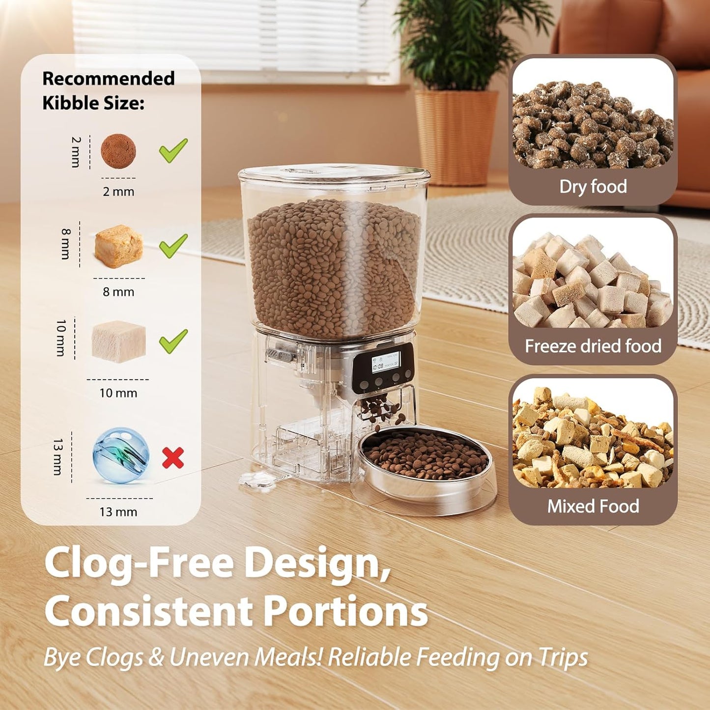 Automatic Cat Feeder, 4L Timed Dry Food Dispenser with Stainless Steel Bowl, Pet Food Feeder for Cats & Small Dogs, Programmable for 6 Meals & 30 Portions Per Day, 10S Voice Record, Dual Power, Black