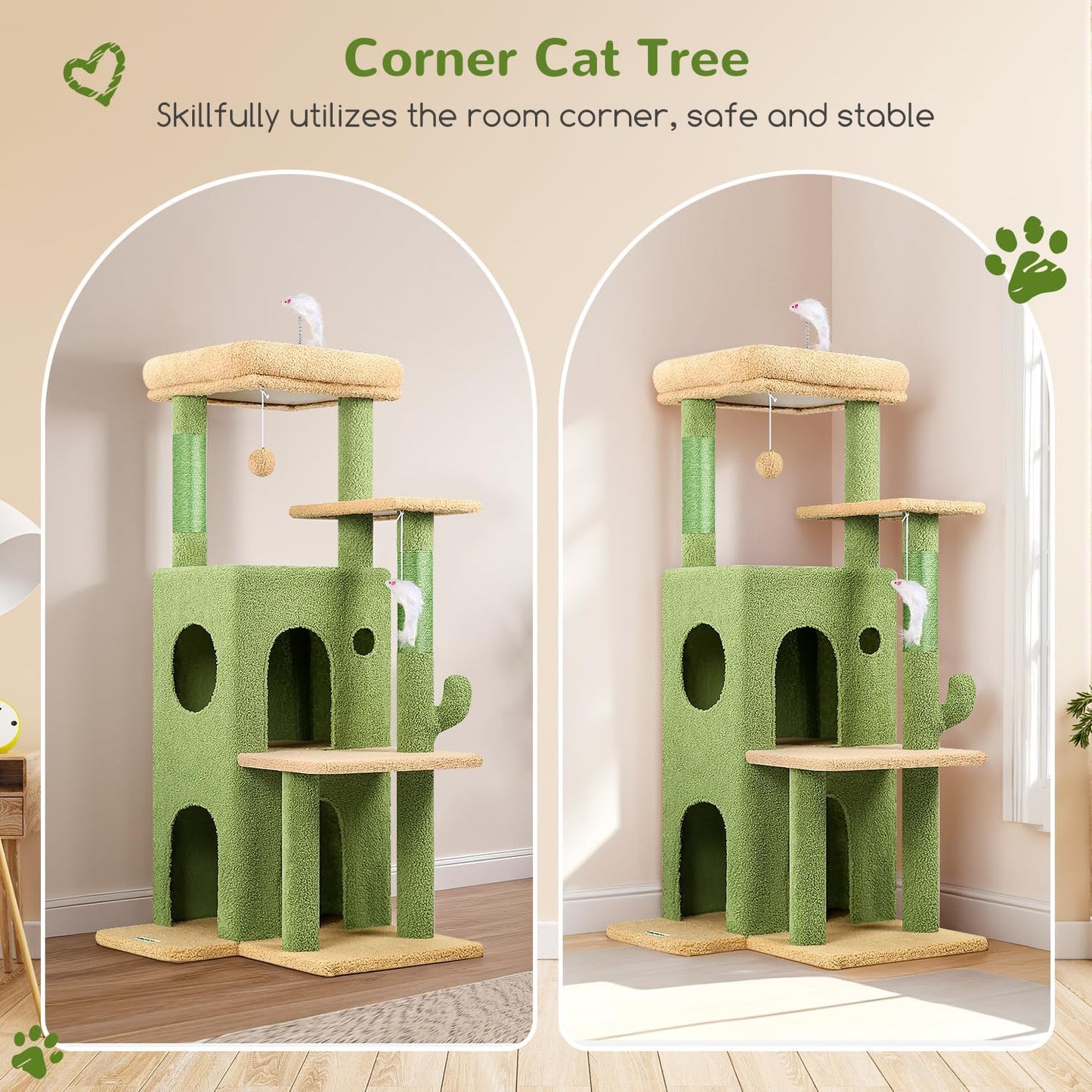 Globlazer Cactus Cat Tree Tower for Indoor Cats, 50-inch Adult Cat Tree House for Large Adult Cats with Steps, Scratching Post, 2 Cat Caves, Dangling Toys, FC50, Green
