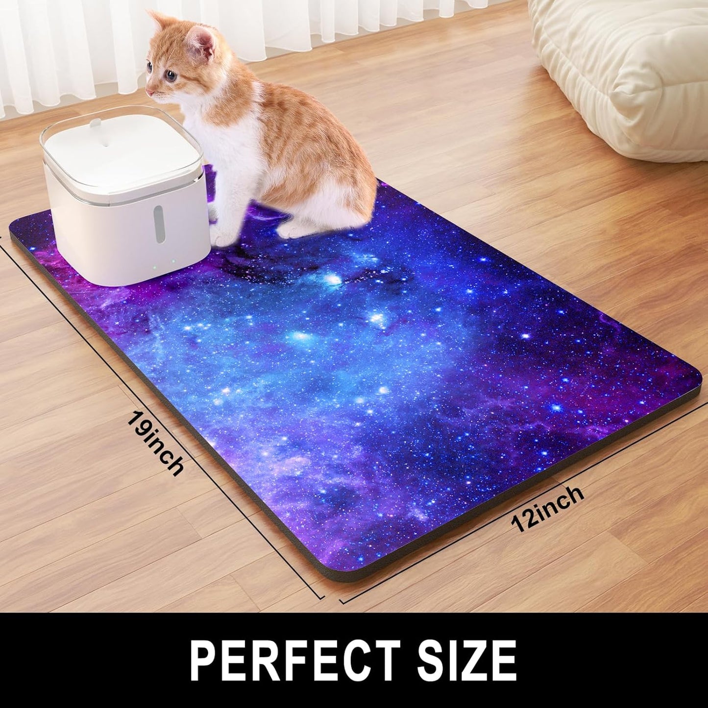 Dog Food Mat, 12" x 19" Nebula Absorbent Dog Cat Bowl Mat for Food and Water, Cute Anti-Slip Rubber Pet Feeding Rug Protect Floors, Placemat for Feeding & Watering Supplies, Blue Purple