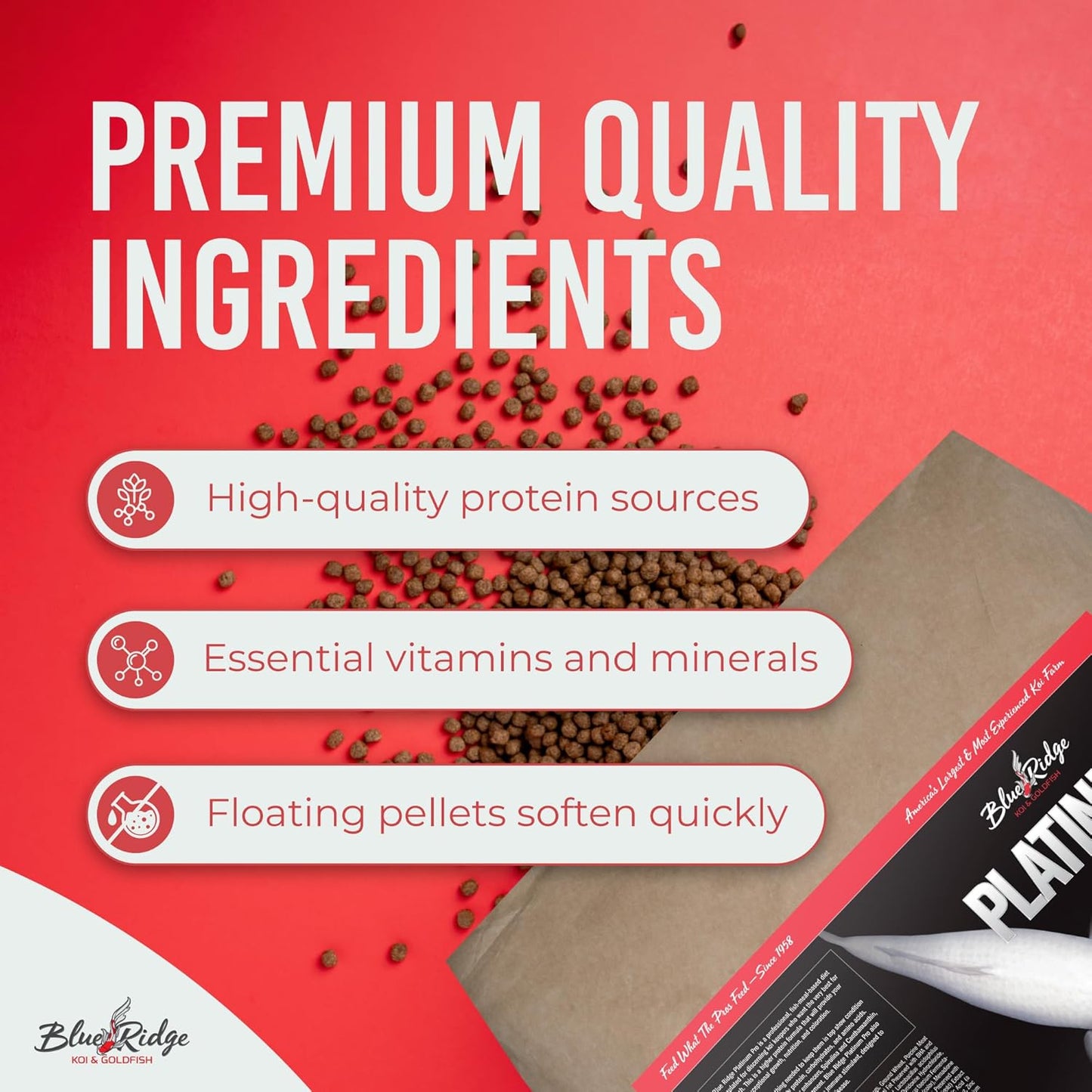 Blue Ridge Koi Fish Food 50lb - Platinum Pro Formula Goldfish Food, Premium Pond Pellets