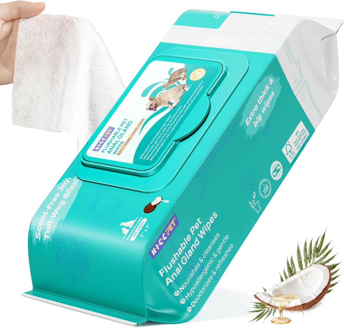 HICC PET Wipes for Dogs & Cats, Vet Recommended Cleansing Deodorizing & Soothing Allergy Infections Anal Gland Wipes with Coconut Oil, Dog Wipes for Cleaning Butt Paw, Remove Small Animal Coat Stain