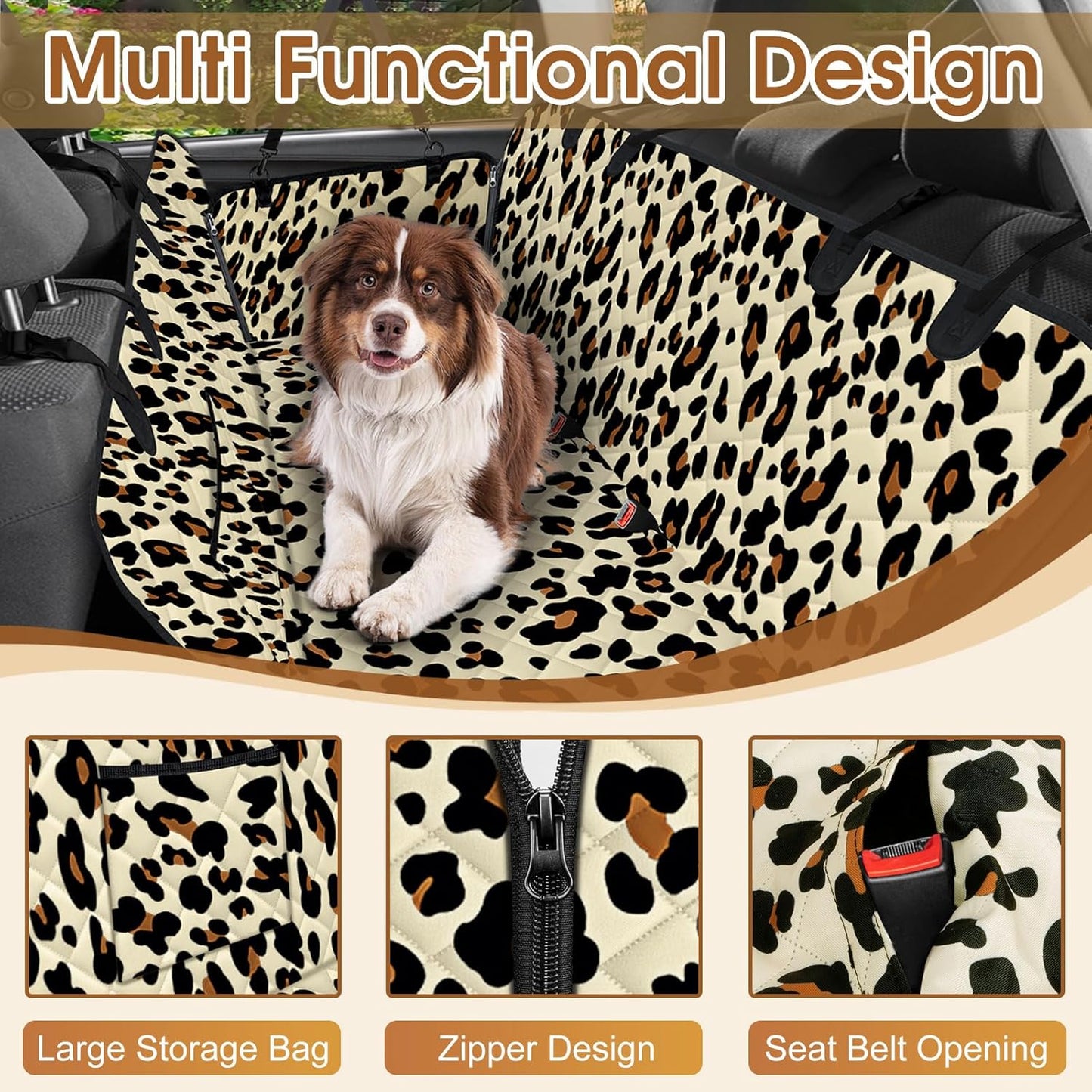 Waterproof Dog Car Seat Cover for Back Seat - Durable, Scratch Proof Pet Hammock with Nonslip Design & Storage Pockets, Fits Cars, SUVs, Trucks- S, Leopard/Black
