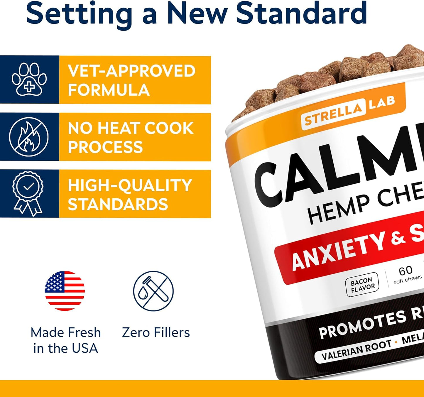 Advanced Calming Chews for Dogs - Hemp Chews and Melatonin - Anxiety Relief - Sleep Aid - Relaxing Treats - Stress Relief During Fireworks, Storms, Thunder, Barking - Made in USA - BBQ - 60ct