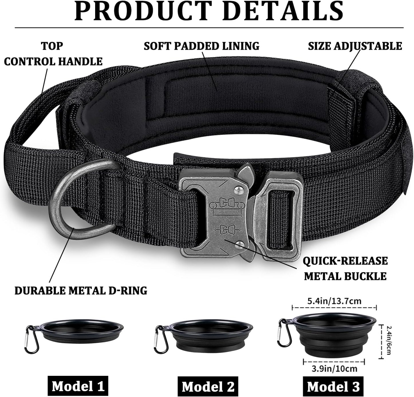 COOYOO Dog Collar,3 Piece Set Tactical Dog Collars, Adjustable Military Training Nylon Dog Collar with Control Handle and Heavy Metal Buckle for Medium and Large Dogs