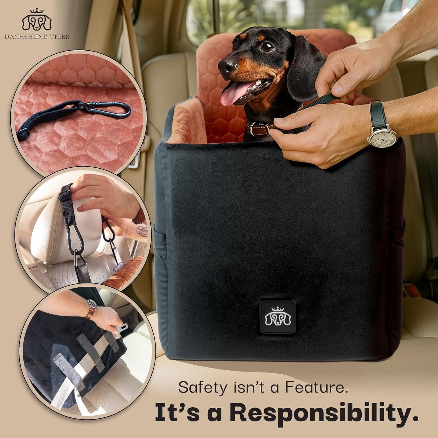 Dog Car Seat for Small Dogs - Safety Booster Bed for Car Travel, Machine Washable Cover, Scratch & Water Resistant, Adjustable, Non-Slip Base (Royal Black, Small/Medium)