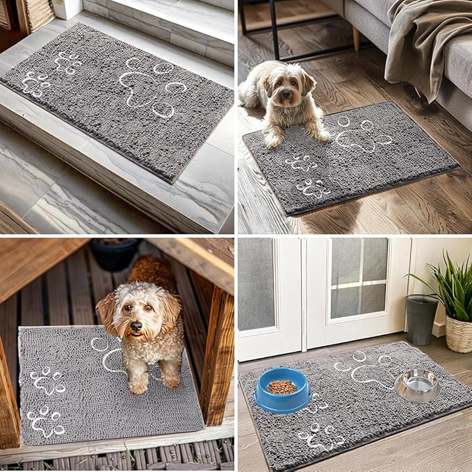 Muddy Mat® Paw Dog Door Embroidery Mat Super Absorbent Microfiber Indoor Outdoor mat for Muddy Paws, Non-Slip Washable Pet Rug, Quick Dry Chenille Entryway Carpet, Machine Washable – Grey 19”x30”