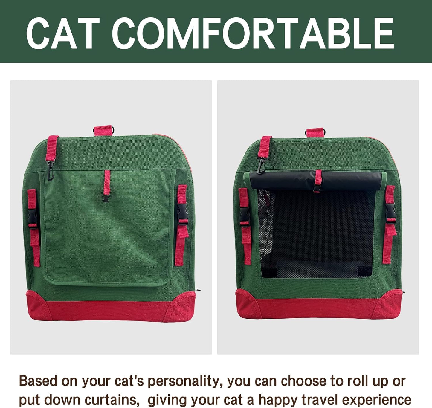 Extra Large Cat Carrier Soft Sided Folding Small Dog Pet Carrier 24"x16.5"x16" Travel Collapsible Ventilated Comfortable Design Portable Vehicle with Curtain(Green-Red)