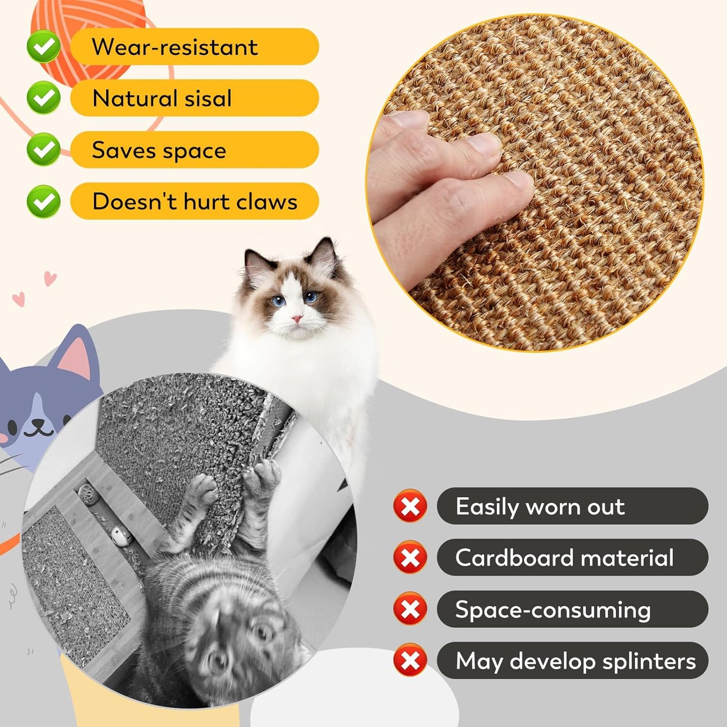 Cat Scratcher Mat with Sticky Tapes, 31.5" x 19.7" Sisal Cat Scratching Carpet for Indoor Cats, Horizontal Cat Scratcher for Cat House, Scratching Posts, and Couch Protection(Camel)