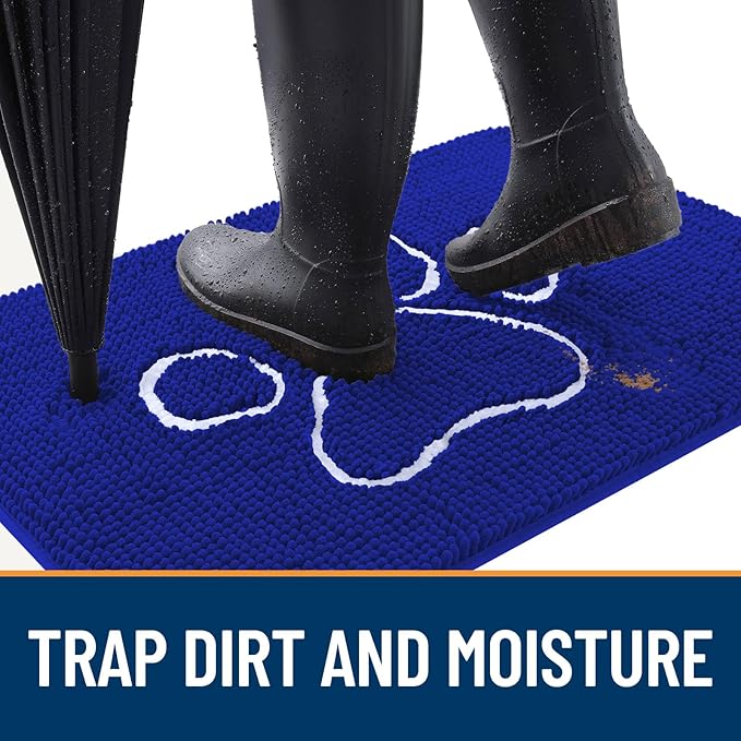 OLANLY Door Mat for Muddy Dog Paws 30x20, Ultra Absorbent Chenille Mud Doormat with Paw Print Design, Non-Slip Washable Doormat for Indoor Entryway, Quick-Dry Pet Bed Mats for Dirty Dogs, Royal Blue