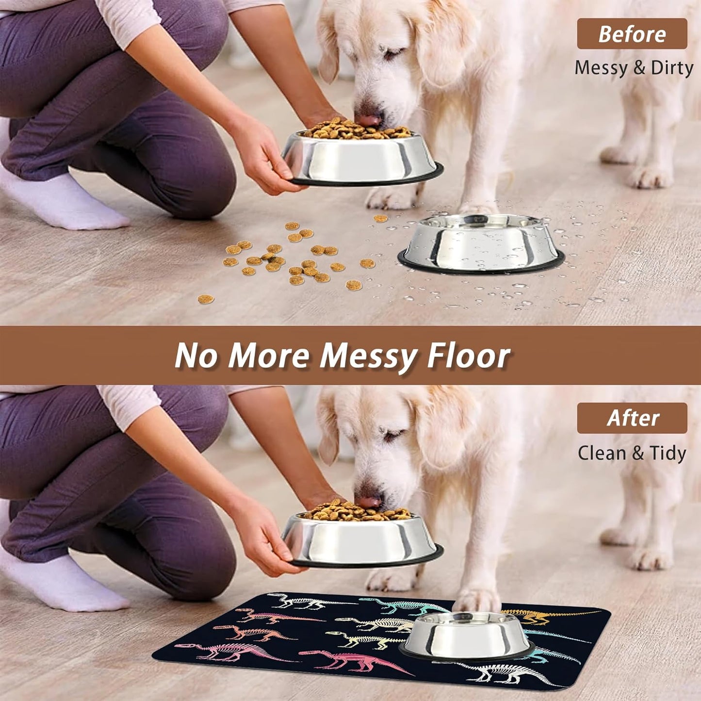 Dinosaur Skeleton Dog Cat Food Mat,Vintage Color Absorbent Pet Feeding Mat with Rubber Backing,Non-Slip Water Bowl Placemat,Indoor Pet Accessories Supplies 12"x20"