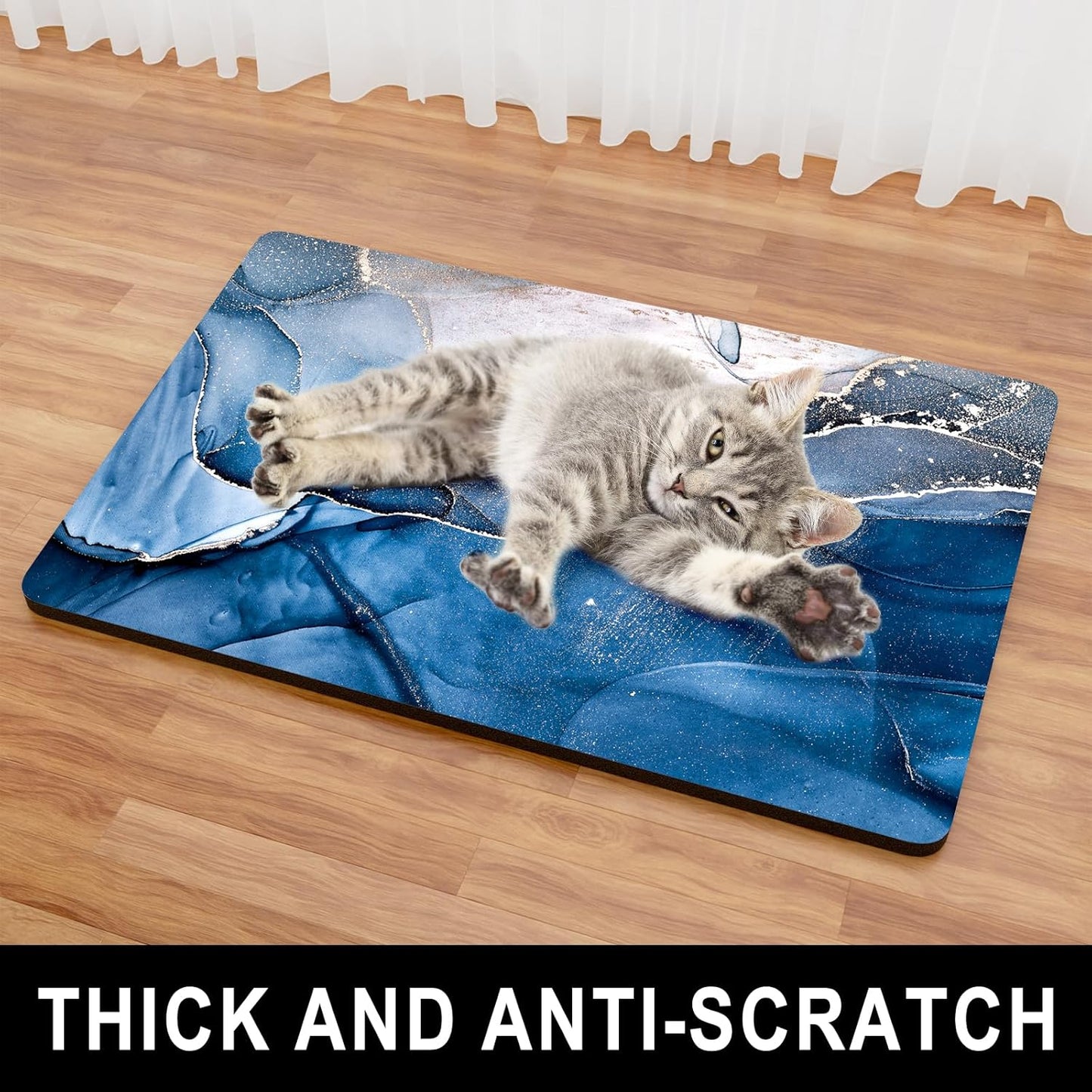 Dog Food Mat, 12" x 19" Marble Absorbent Dog Cat Bowl Mat for Food and Water, Cute Anti-Slip Rubber Pet Feeding Rug Protect Floors, Placemat for Feeding & Watering Supplies, Navy