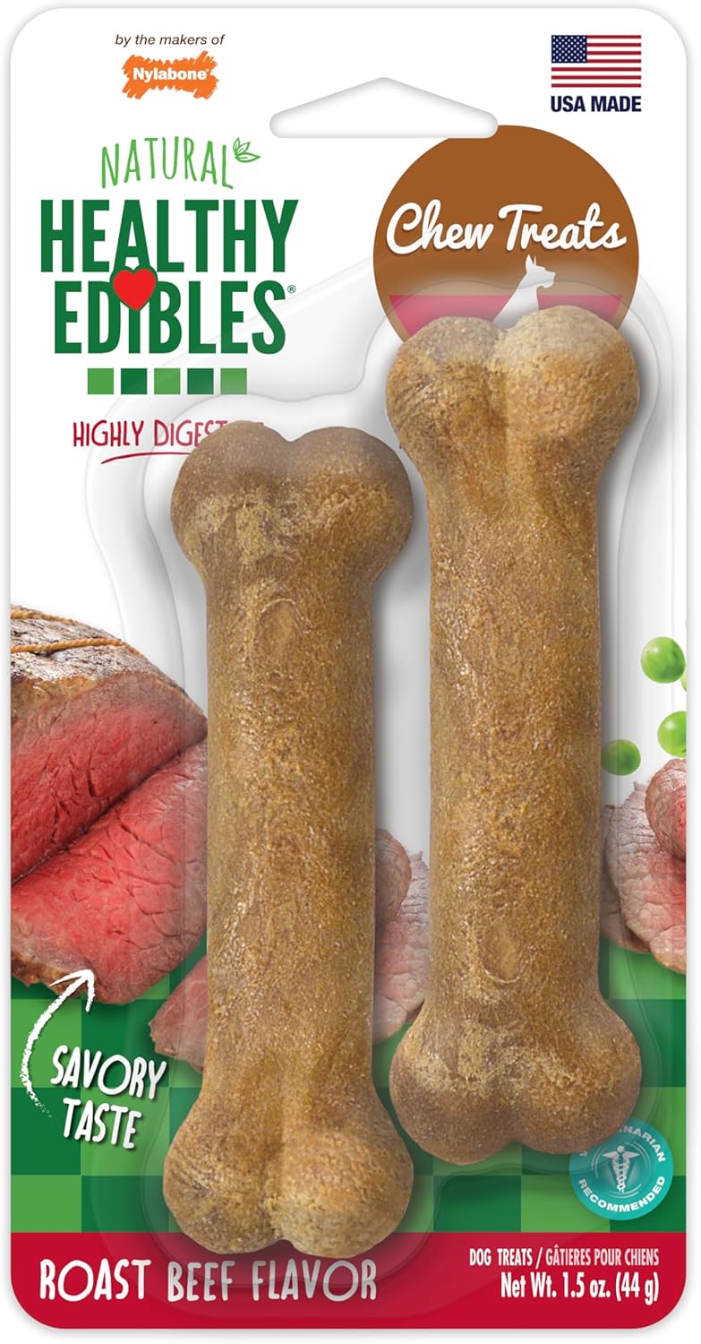 Nylabone Healthy Edibles Natural Dog Chews Long Lasting Chew Treats for Dogs, Roast Beef Flavor, X-Small/Petite (2 Count)