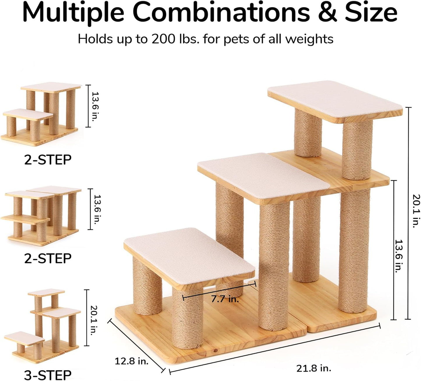 FUKUMARU Dog Stairs, Solid Wood Pet Stairs with Cat Scratching Post, Transformable Cat Ramp Can Hold Up to 200 lbs, 20 Inch Pet Steps for Dogs and Cats to Climb High Bed and Couch, Over 6 Combinations