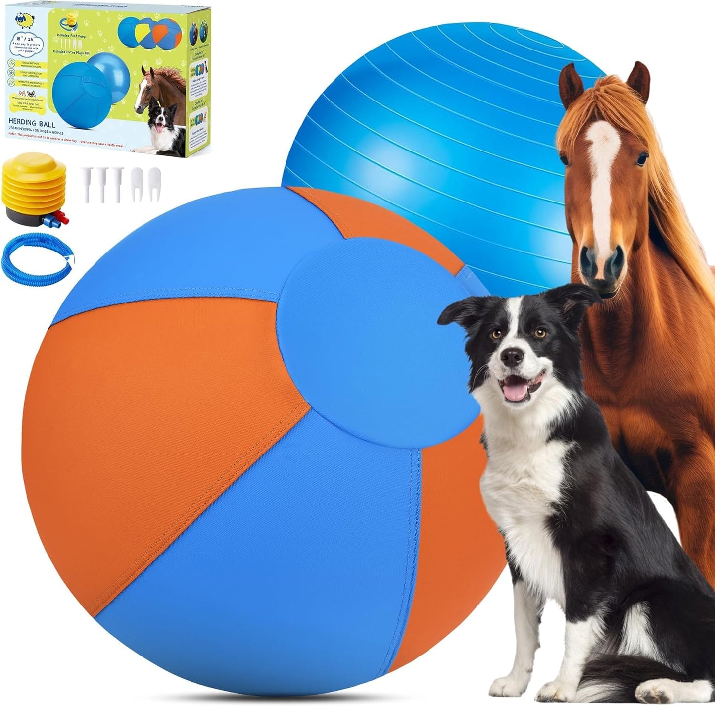 Herding Ball for Dogs - 18" Medium Herding Ball with Anti-Burst Cover and Pump, Outdoor Dog Exercise Toy for Australian Shepherd, German Shepherd, Collie (Blue & Orange)