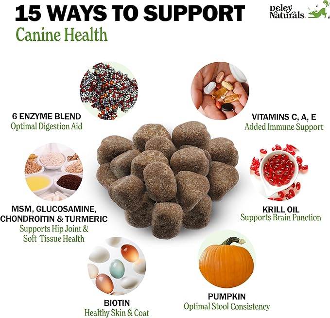 Deley Naturals 15 in 1 Multivitamin for Dogs - Complete Dog Vitamins and Supplements for Immune Support, Joint, Skin, Digestion, Heart & Overall Health - Daily Multifunction Supplements - 120 Chews