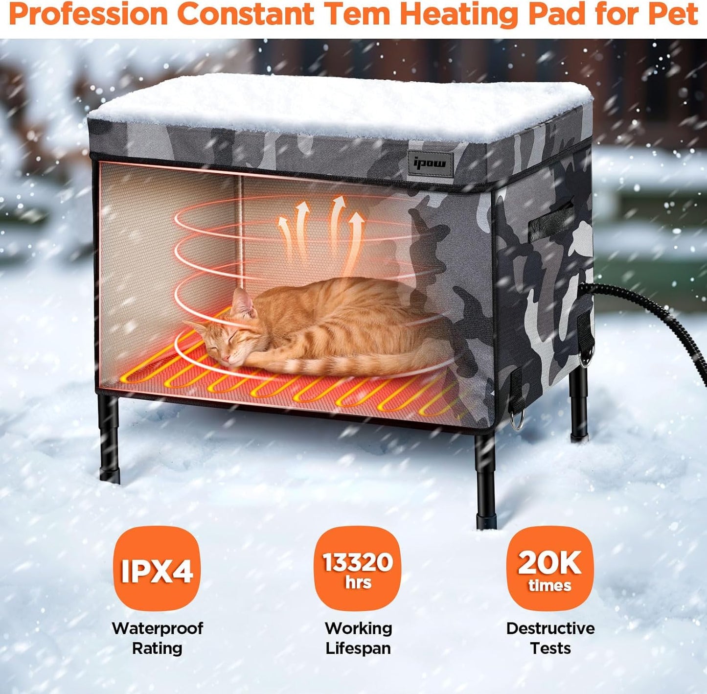 IPOW 6 Layers Ultra Sturdy Cat Houses for Outdoor Cats, 100% Waterproof with 900D Oxford Fabric & Fully Insulated Weatherproof Heated Plush Pad for Outside Stray Barn Cat