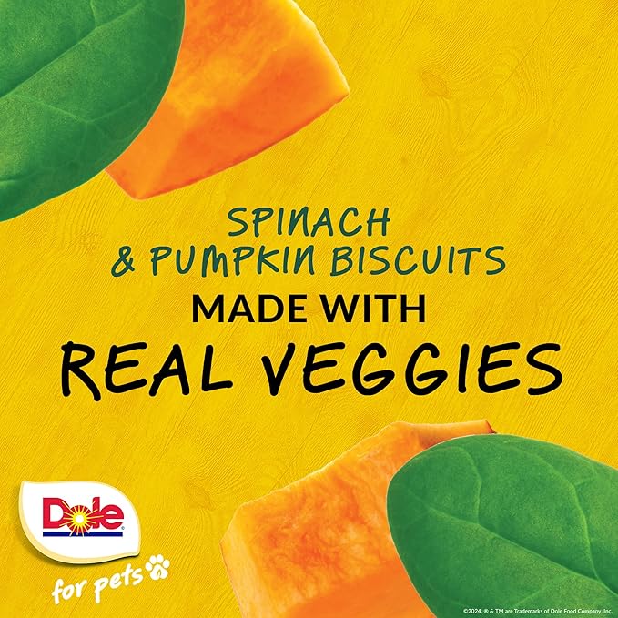 Dole for Pets Freshly Fetched Dog Biscuits, Spinach & Pumpkin Flavor Dog Treats | Real Veggies, No Wheat, Corn, Soy, Artificial Flavors, Colors, Preservatives, or Animal Products, 7 Ounce - 6 Pack