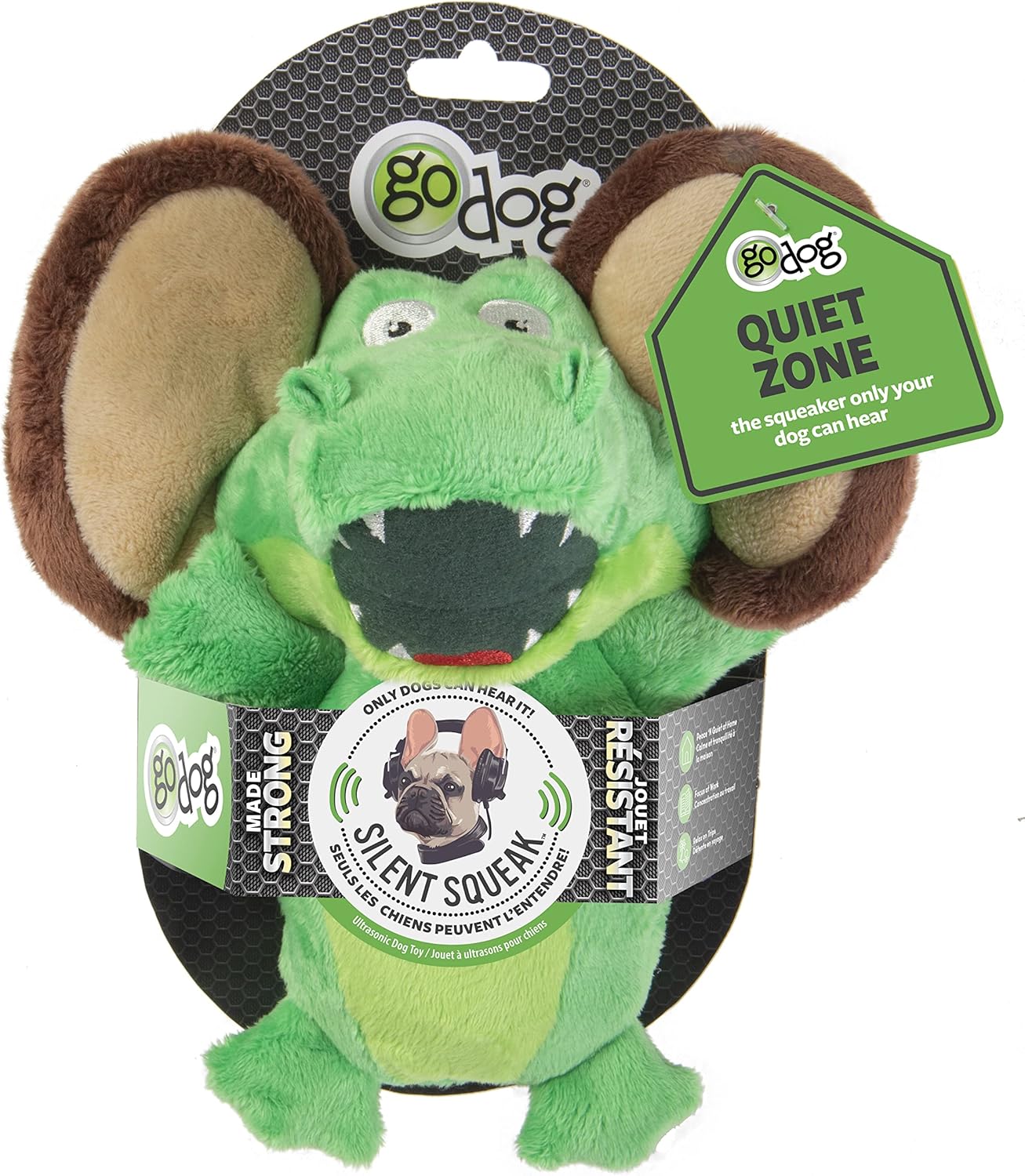 goDog Flips Gator-Monkey Silent Squeak Plush Dog Toy, Chew Guard Technology - Green, Large