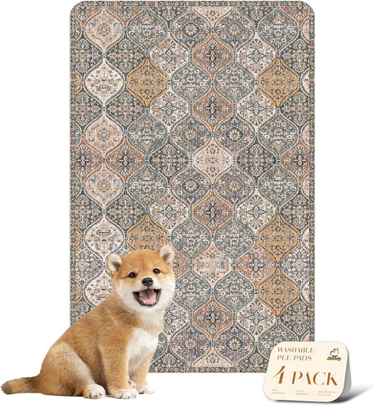 nunubaby 4PACK Washable Pee Pads for Dogs, Stylish, Non-Slip and Leak-Proof Pee Pads. Reusable Potty Pads for Dogs for Crates and Floors.(Brown/Multi, 24" x36")