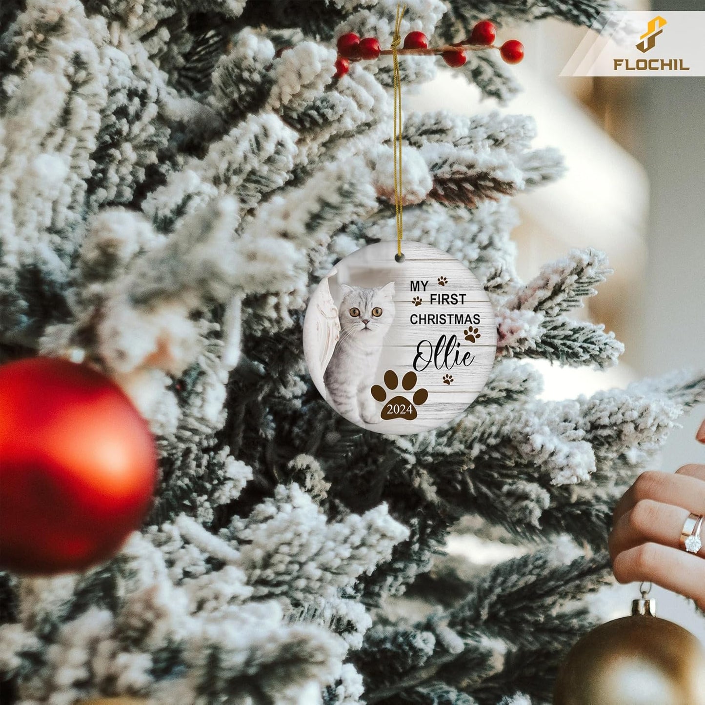 FLOCHIL Personalized Cat Christmas Ornaments Custom Photo Name for Christmas Trees, Cat First Christmas Ornaments, Gifts for Pet Lovers