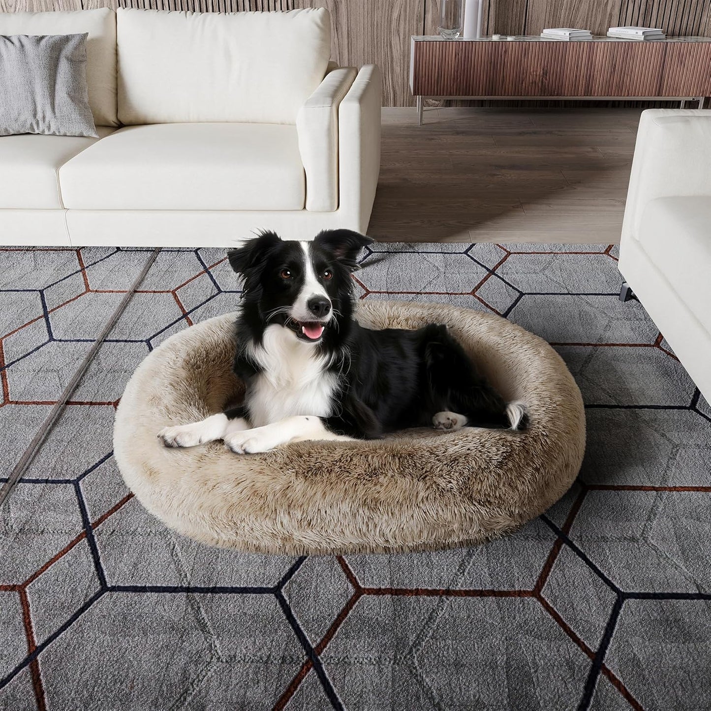 Orthopedic Calming Dog Bed for Large Dogs, Anti Anxiety Pet Beds with Supportive Foam, Removable Washable Oval Pets Couch, Fluffy Cuddle Bolster Cushion, Beige