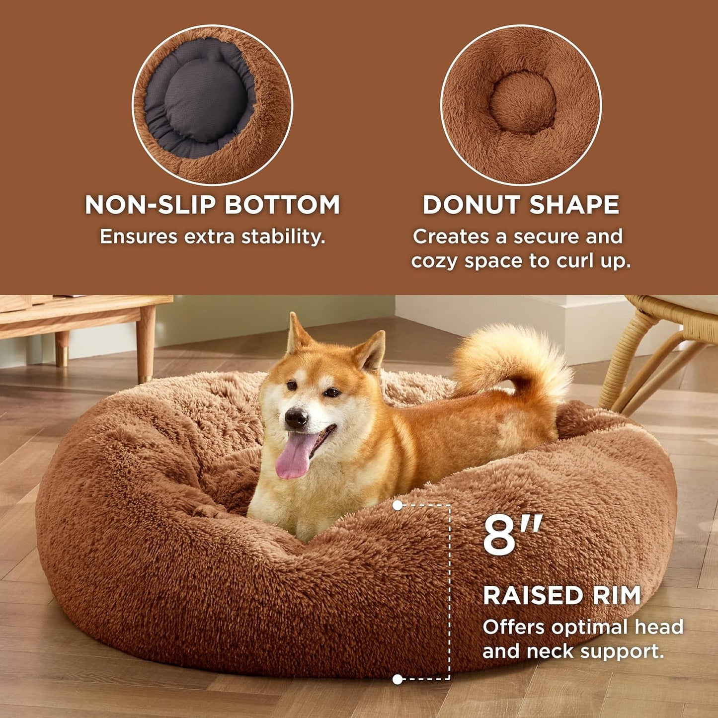 Bedsure Calming Dog Bed for Medium Dogs - Donut Washable Medium Pet Bed, 30 inches Anti-Slip Round Fluffy Plush Faux Fur Cat Bed, Fits up to 45 lbs Pets, Copper