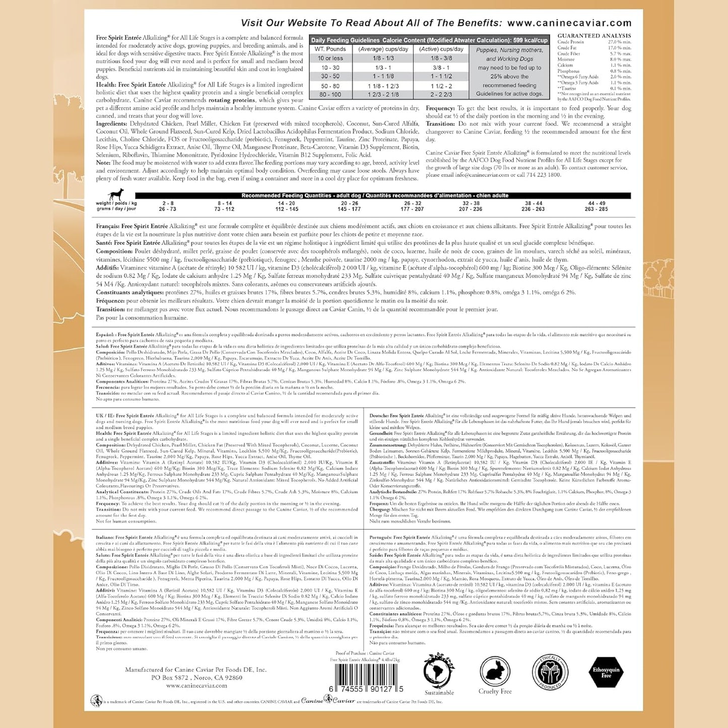 Canine Caviar - Free Spirit: Chicken & Pearl Millet Alkaline Dry Dog Food, Limited Ingredients, Gluten-Free, Based on Science & Research, Veterinary Alternative Diet (4.4 Pound Bag)