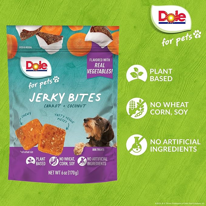 Dole for Pets Fruit Jerky Bites Dog Treats, Carrot and Coconut, 6oz |Flavored with Real Fruit and Vegetables, No Wheat, Corn, Soy, Artificial Flavors, Colors, or Preservatives