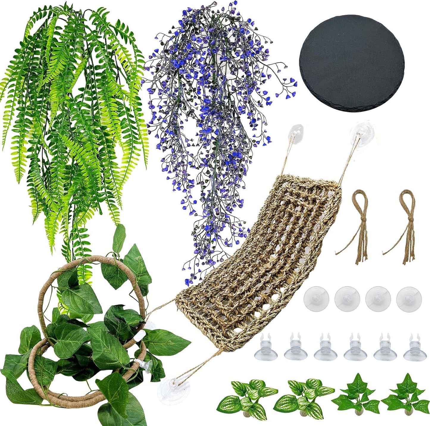 8PCS Bearded Dragon Hammock Reptile Basking Platform Rock Reptile Artificial Plants Leaves & Vines Lizard Habitat Decor Terrarium Tank Accessories for Hiding & Climbing Snake Gecko Bird Chameleon