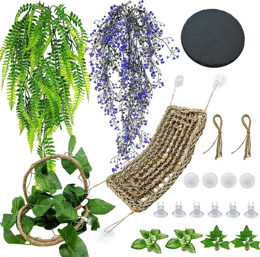 8PCS Bearded Dragon Hammock Reptile Basking Platform Rock Reptile Artificial Plants Leaves & Vines Lizard Habitat Decor Terrarium Tank Accessories for Hiding & Climbing Snake Gecko Bird Chameleon