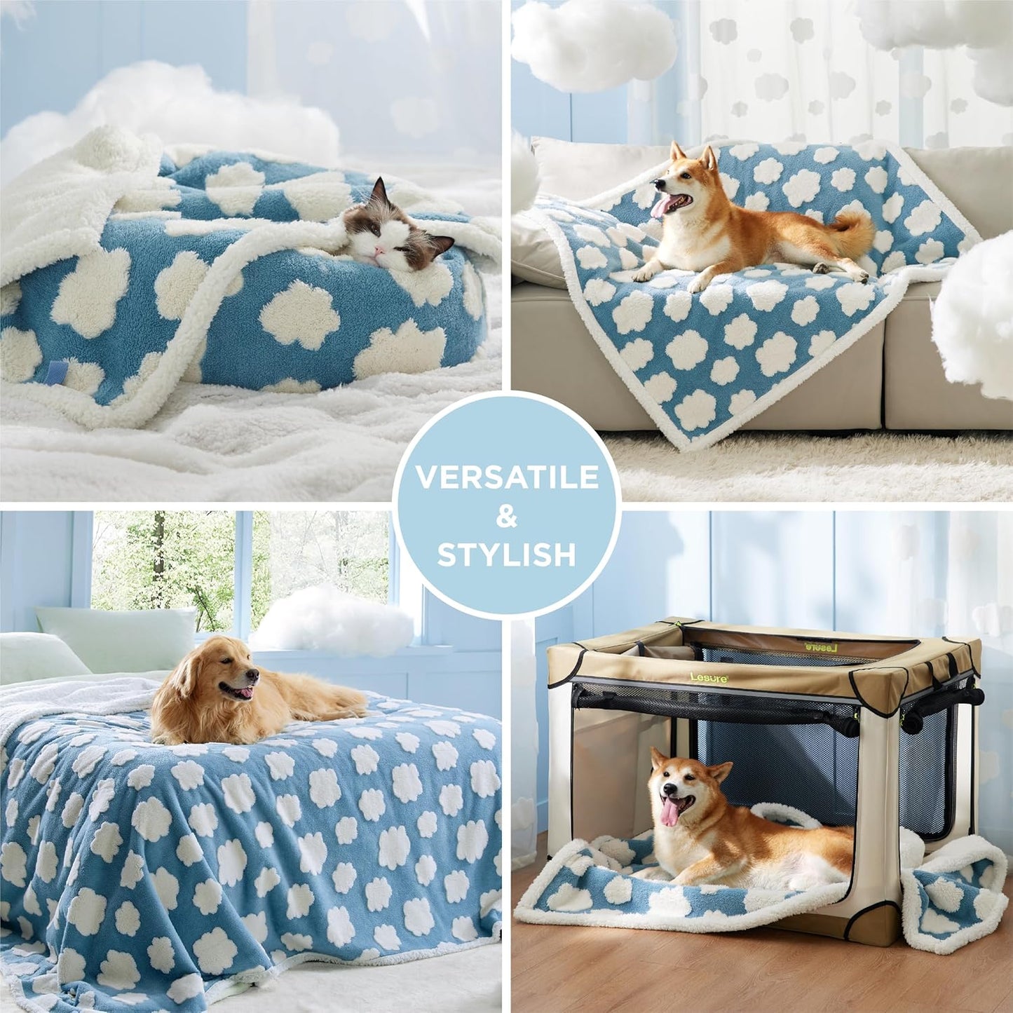 LE SURE Waterproof Puppy Blanket for Small Dogs - Washable Double Sided Dog Blankets with Warm Jacquard Shag and Soft Sherpa Fleece, Pet Cat Blanket for Couch Protection, 3D Textured Cloud, Blue