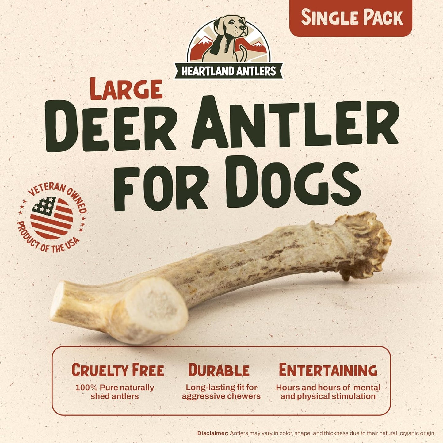 Heartland Deer Antlers for Dogs - Daily Dental Care Chews for Aggressive Chewers to Reduce Plaque & Prevent Destructive Behavior (Large, 6-8", 1-Pack, Grade A, USA Made)