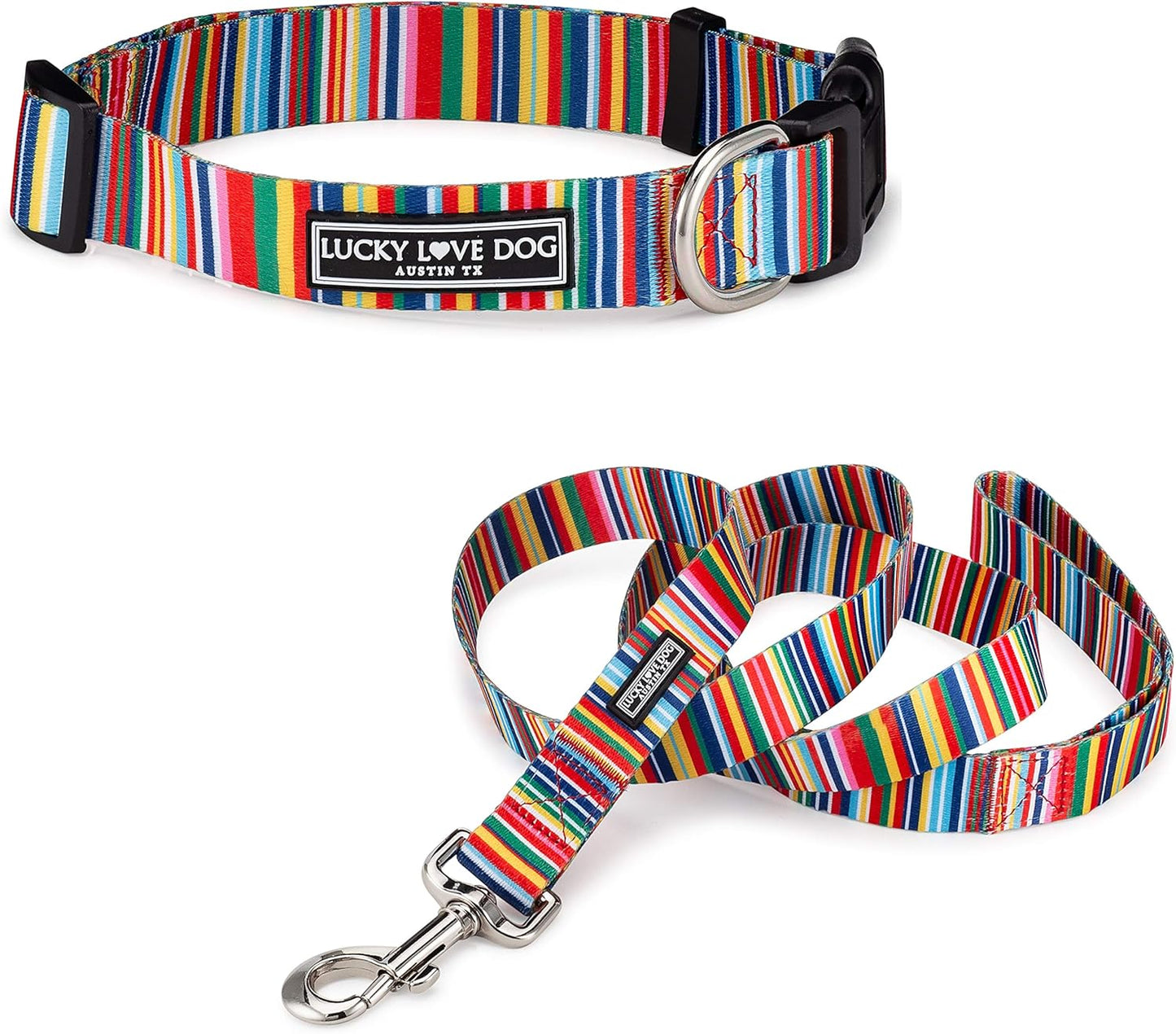 Lucky Love Dog Combo Set,Rainbow Dog Collar & Leash Set for X-Small Dogs, Colorful Matching Collar and Leash Set for Girl or Boy Dogs, Rainbow Stripes Hippie Combo, XS