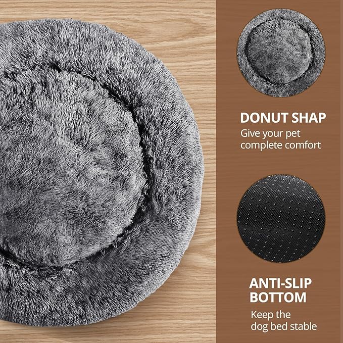 JOLLYVOGUE Medium Calming Dog Bed, Anti-Anxiety Donut Cuddler Cat Bed with Anti-Slip Bottom, Fluffy Faux Fur Machine Washable Pet Cushion for Medium Dog & Cat, 27"/Smoke Black