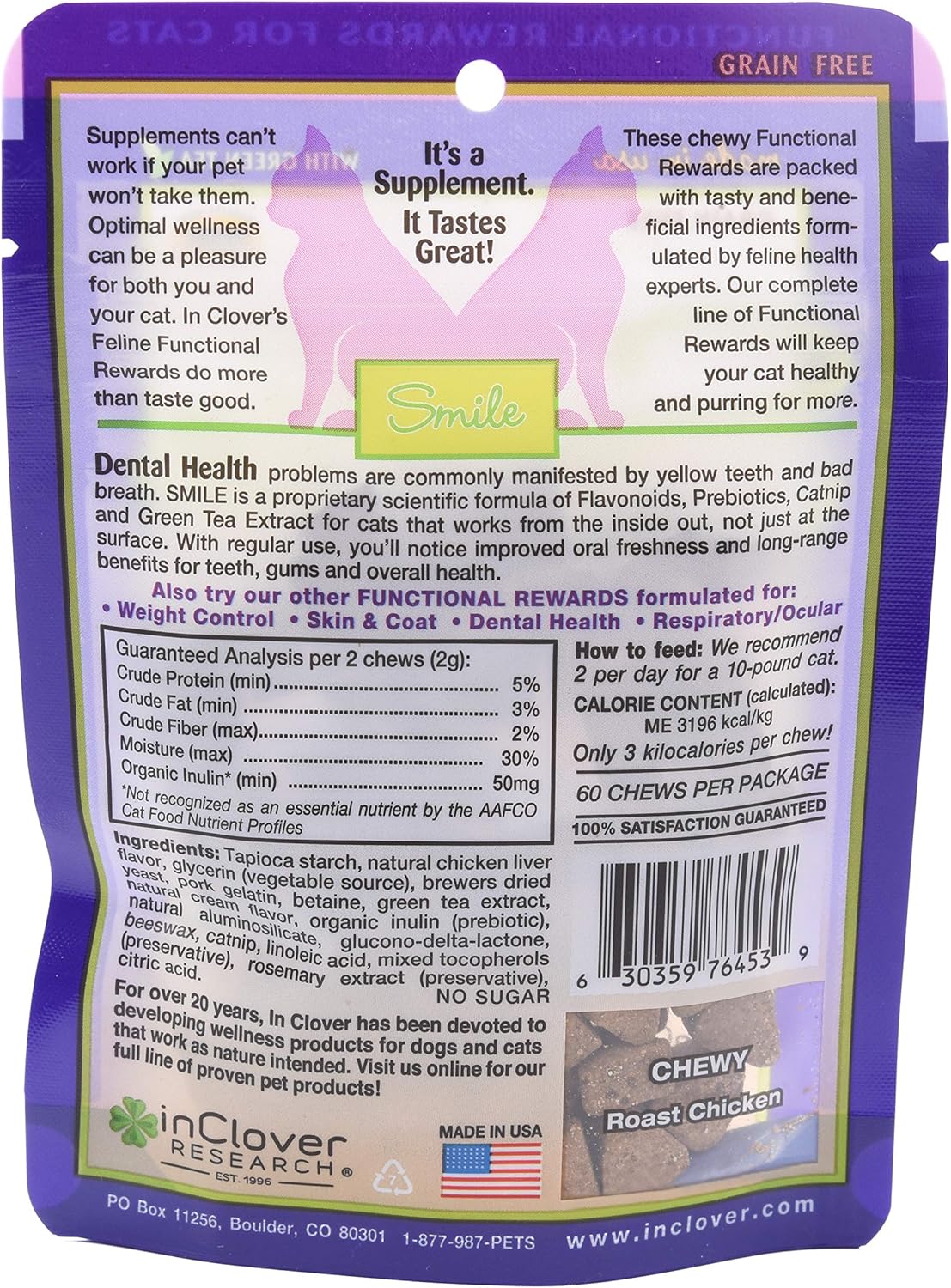 In Clover Smile Daily Dental Health Soft Chews for Cats, Support Healthy Teeth and Fresh Tongue with Catnip and Green Tea, Prebiotics, and Chlorophyll for Fresh Breath