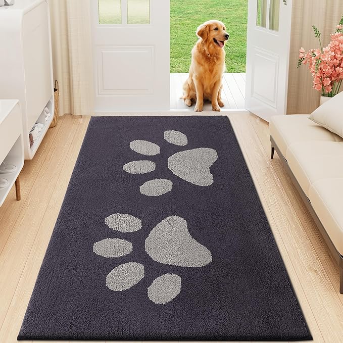 Buganda Dog Door Mat for Muddy Paws, Absorbent Dirt Trapper Washable Indoor Doormats, Non Slip Low-Profile Mud Mat for Dogs, Front Entrance Doormat for Inside Floor (59x35 Inches, Dark Grey)