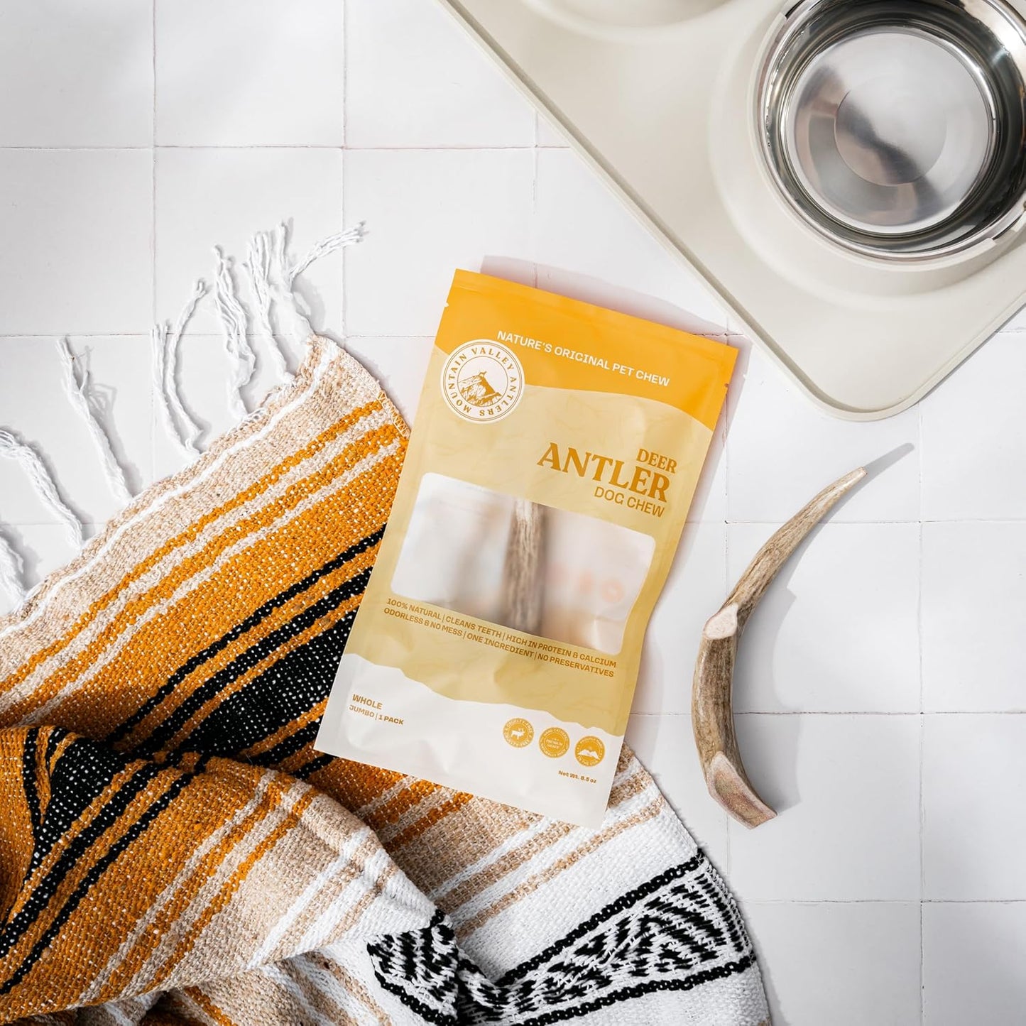 Mountain Valley Deer Antlers for Dogs - 100% Natural & Organic Chew for Aggressive Chewers, No Odor, No Mess, Long Lasting - Wild-Foraged Naturally Shed Antlers in USA - Grade A, Whole Jumbo (1 Pack)