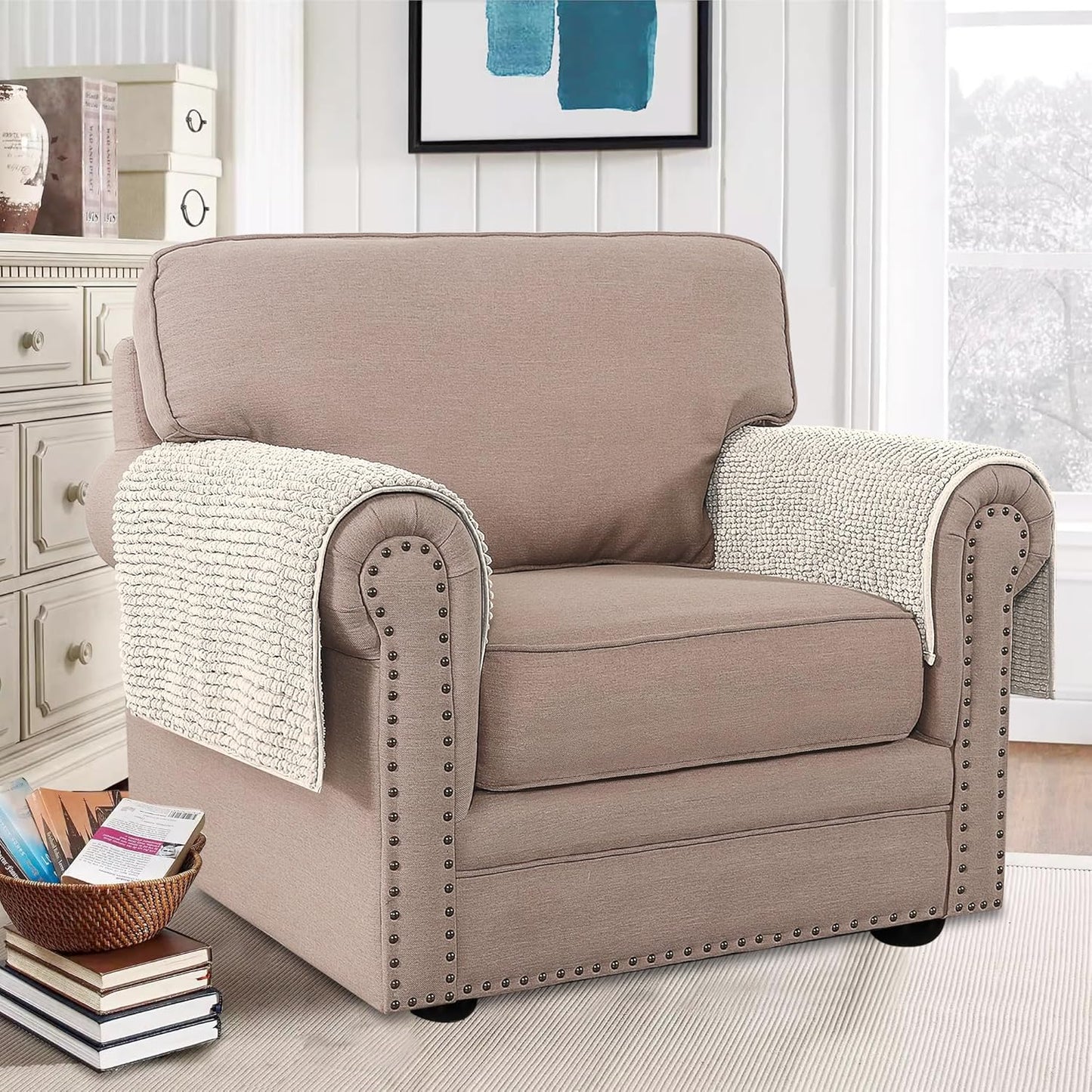 H.VERSAILTEX Plush Chenille Couch Armrest Cover 2 Packs Thick and Soft Sofa Covers Furniture Protector Cover for Pets (27.5" x 27.5", Ivory)